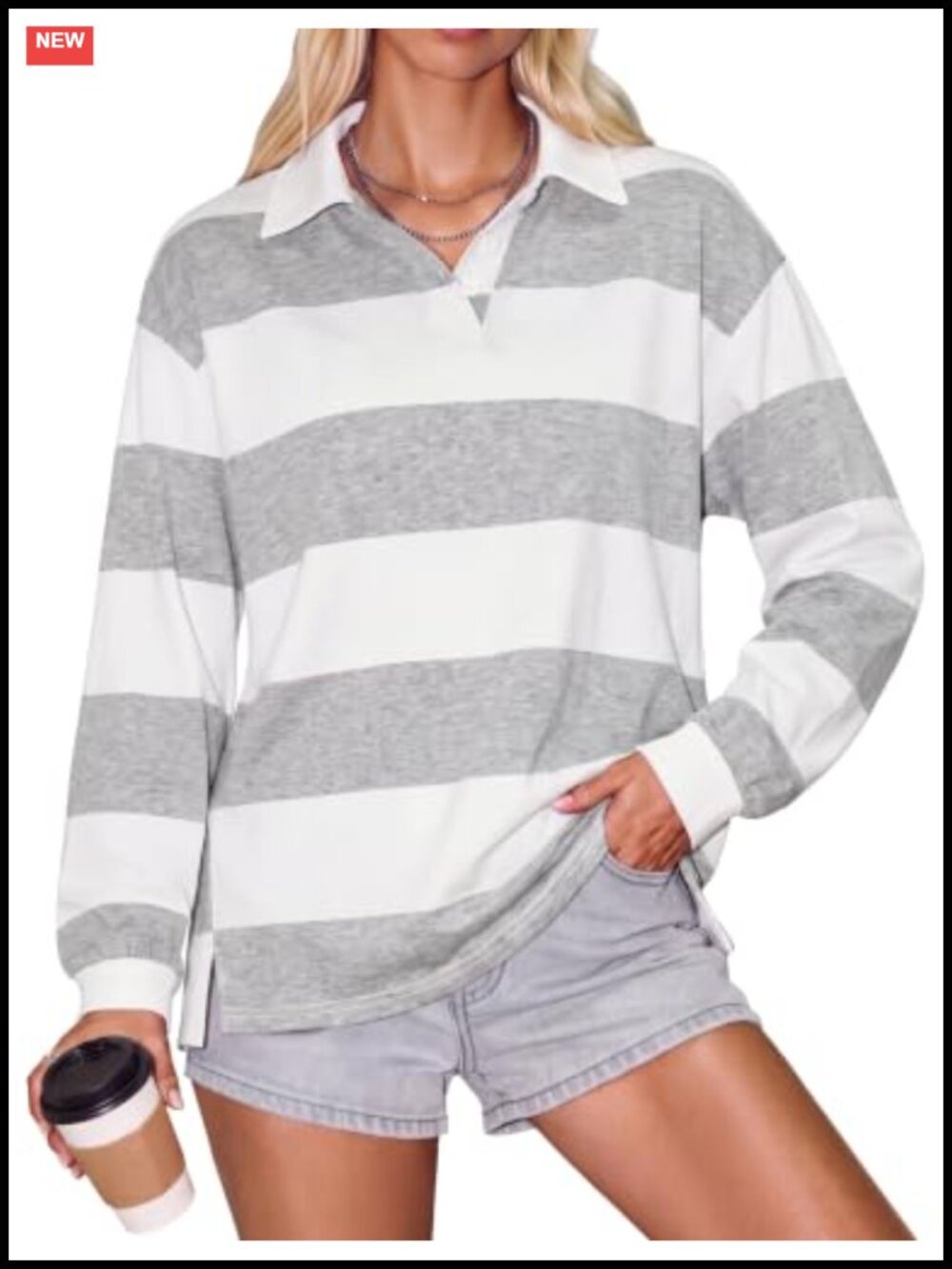 Women's Oversized Striped Polo Shirt Long Sleeve V-Neck Cotton Blend